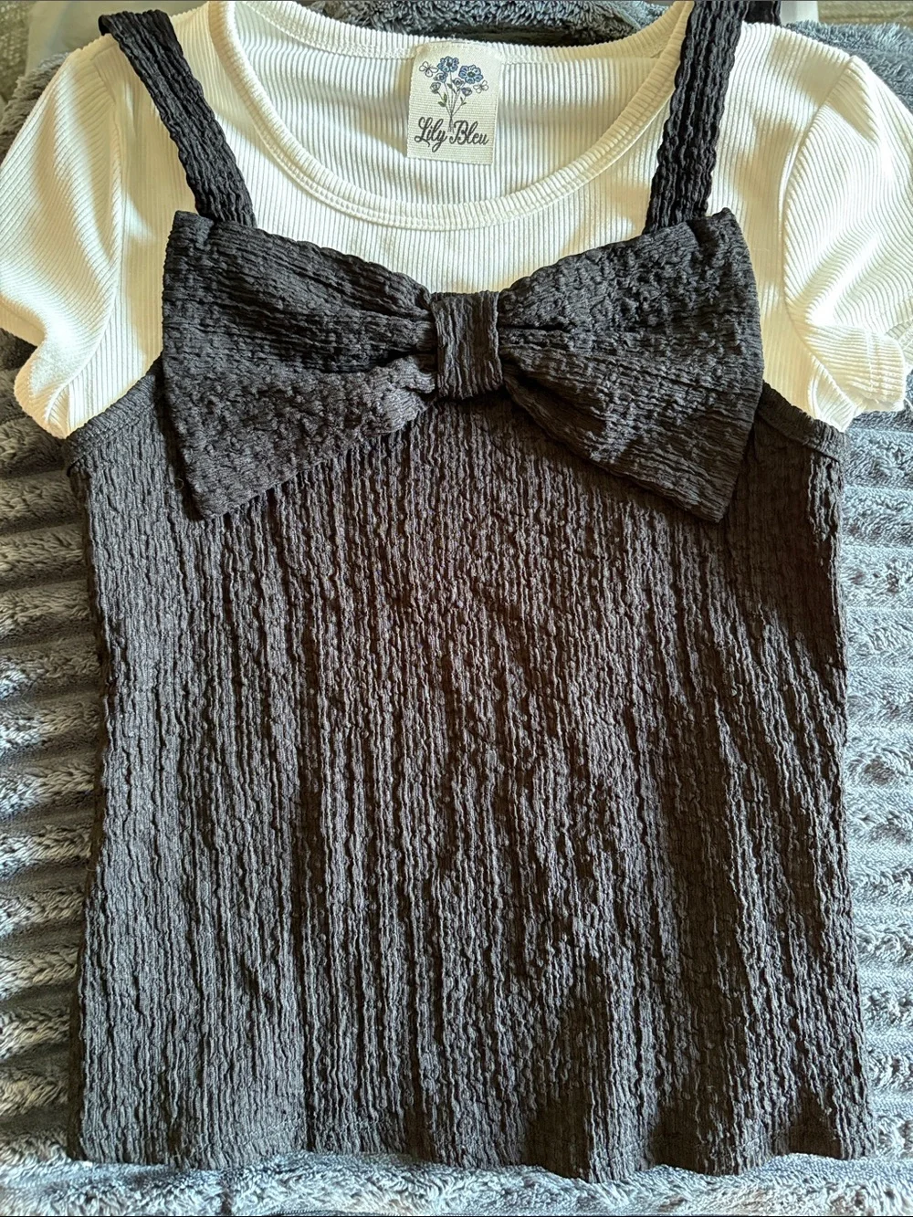 Lily Bleu Black Textured Bow Cami Set with Cream Ribbed Tee